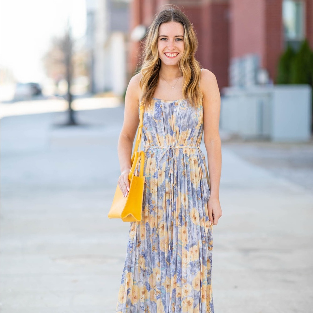 Bishop + Young Mara Pleated Floral Dress in Blue